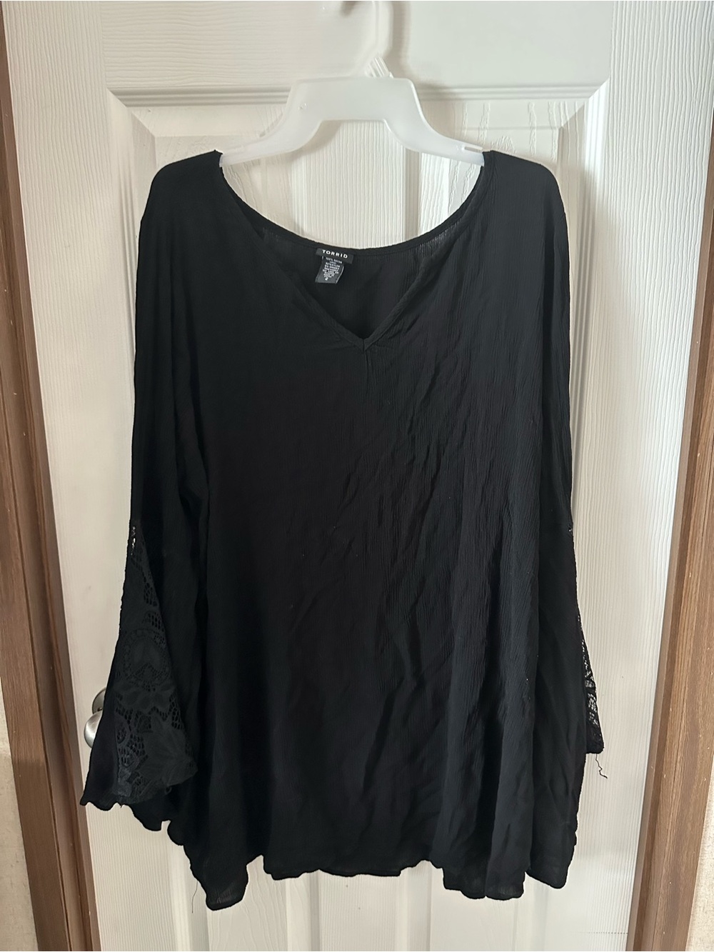 torrid Black V-Neck Bell Sleeve Tunic with Lace Insets
